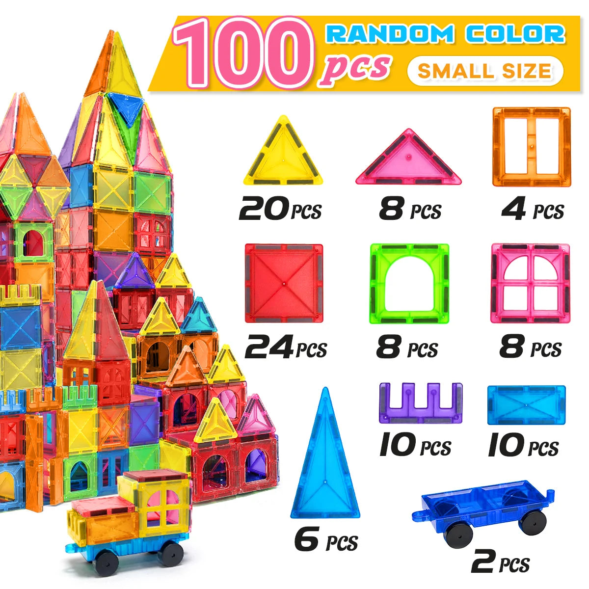 Montessori Magnetic Building Tiles Set, 32 to 100 Pieces