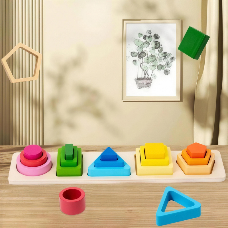 Montessori wooden shape sorting board with five columns of colorful stacking shapes