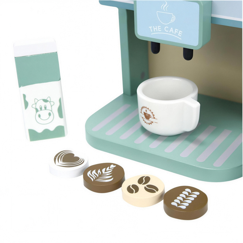 Wooden milk carton, cup and latte art discs