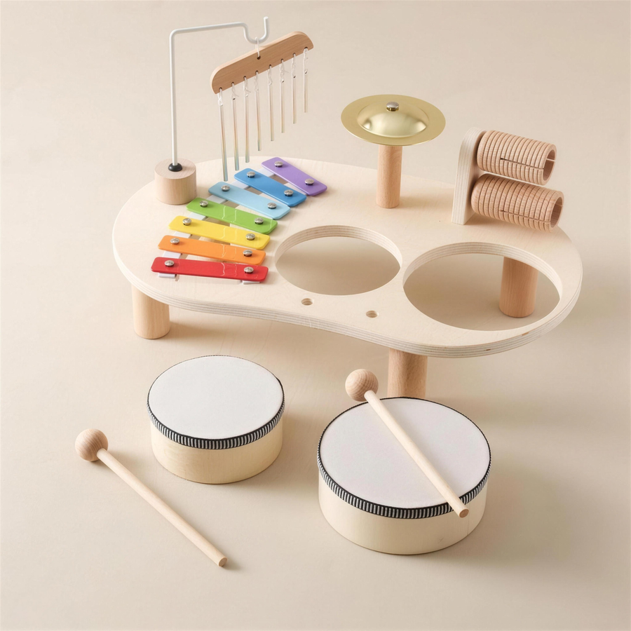 Wooden music table with drums and mallets