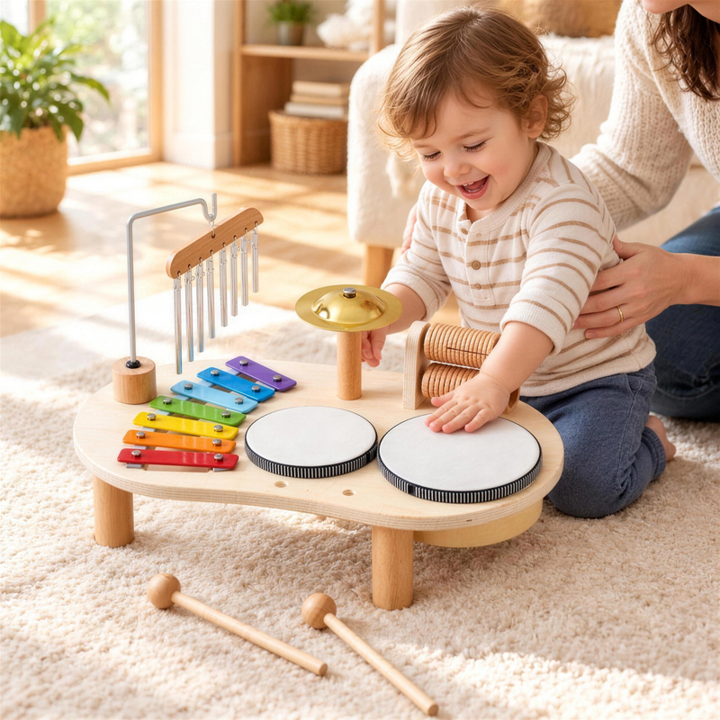 Toddler drumming on the wooden music table with a parent helping