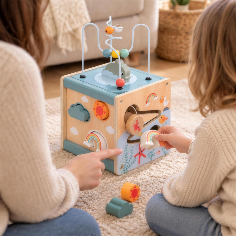 Parent and child playing with the wooden activity cube