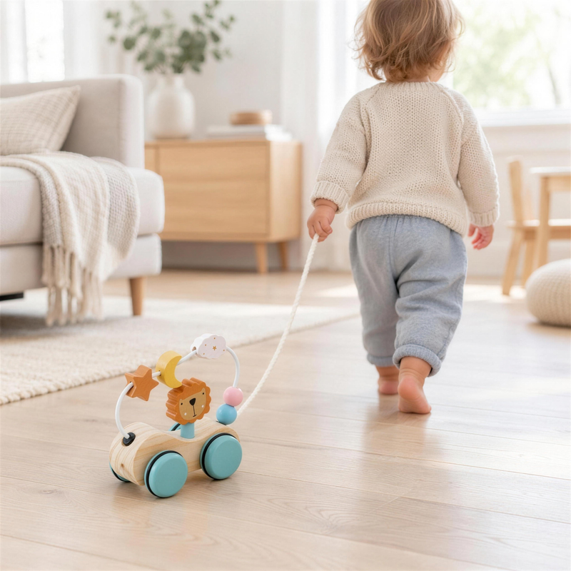 Toddler pulling the wooden lion toy along the floor