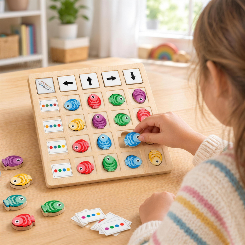 Child playing the wooden fish direction logic game