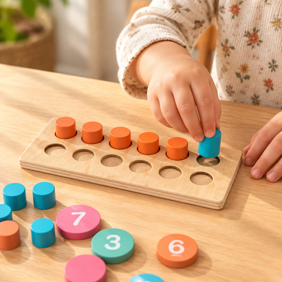 Child's hands placing a block into the wooden ten frame board