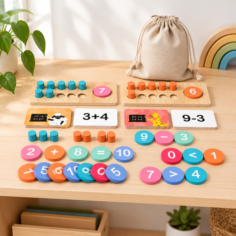 Wooden ten frame set with storage bag on a Montessori shelf