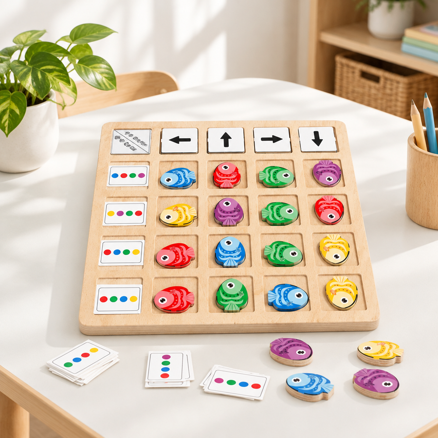 Wooden fish logic board game on a family play table