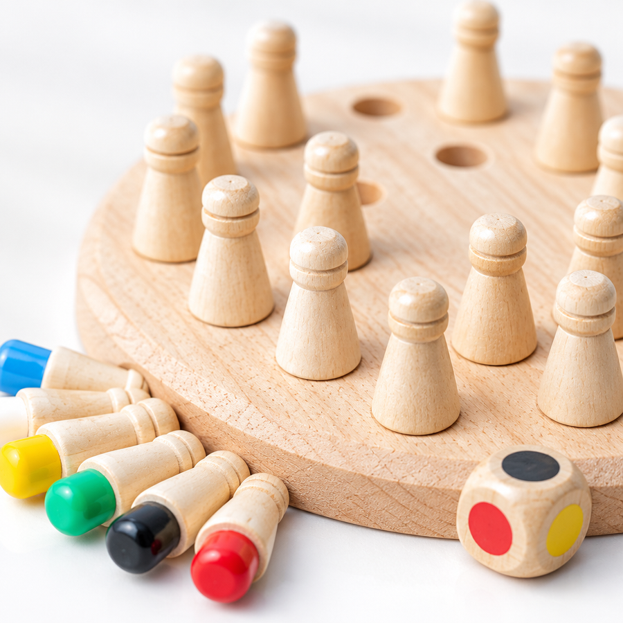 Close-up of pegs and dice on the wooden memory game board