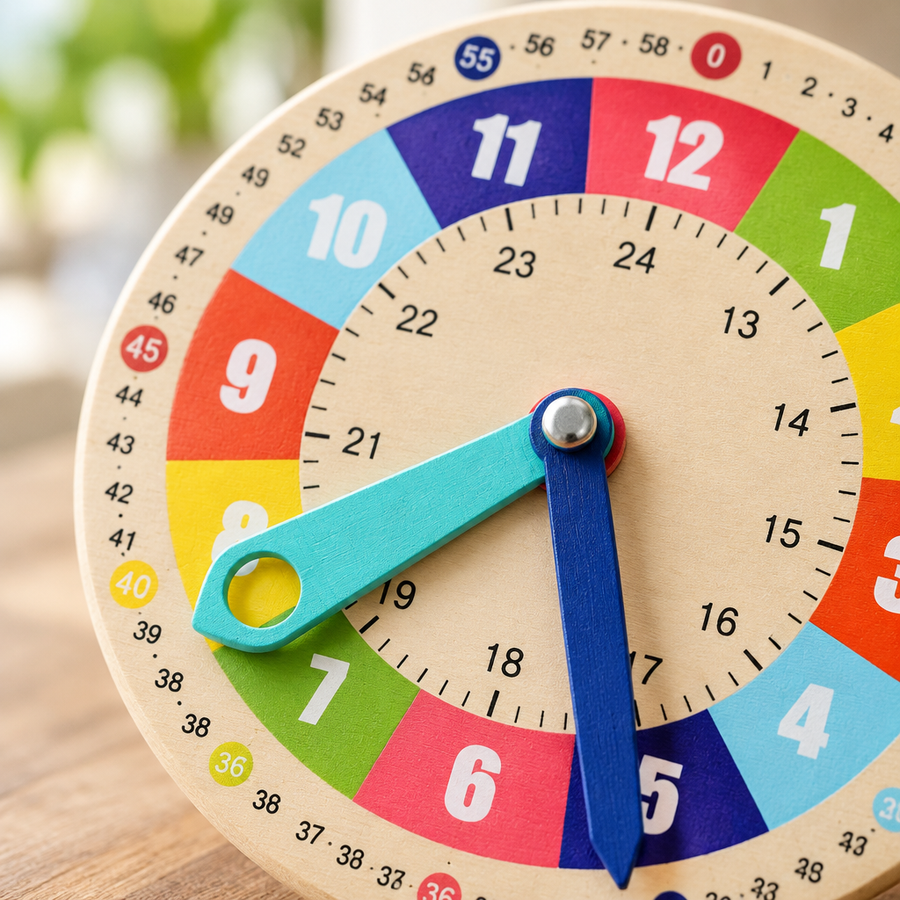 Close-up of the wooden clock face