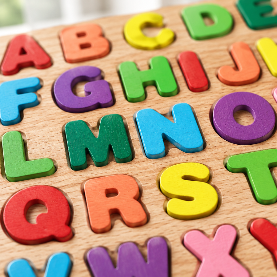 Close-up of chunky wooden letters
