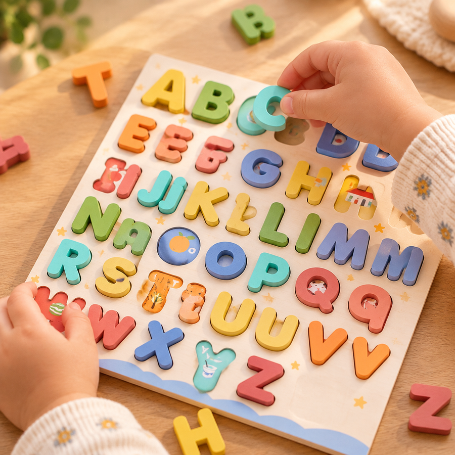 Child's hands lifting a letter from the ABC board