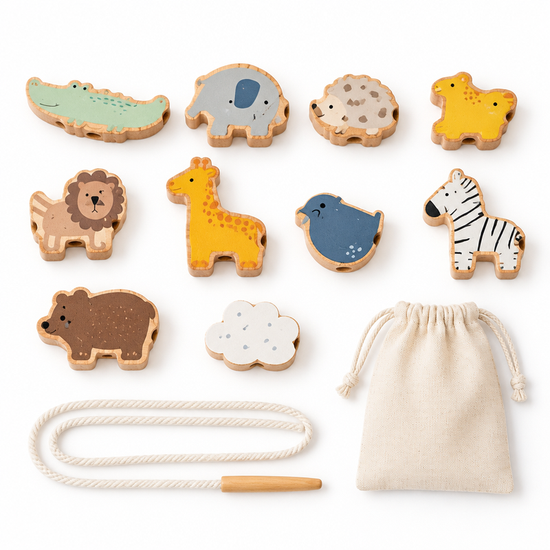 Everything included with the wooden animal threading set