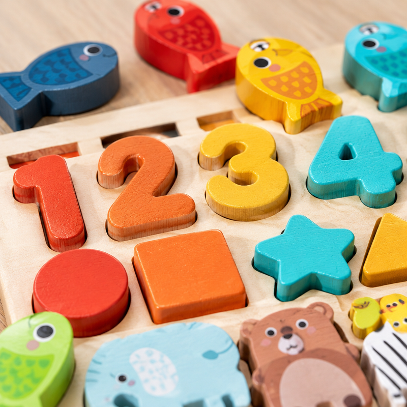 Close-up of numbers, fish and shape pieces