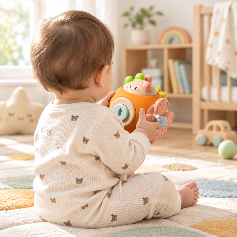 Baby holding the sensory busy ball