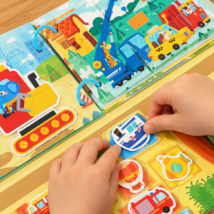 Child's hands pressing a sticker onto a page