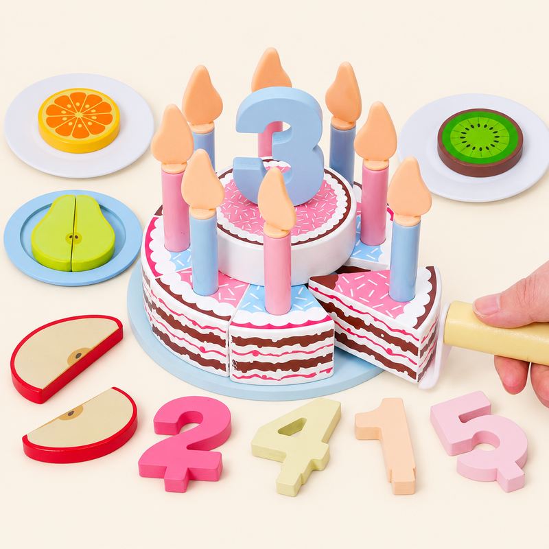 Wooden fruit slice birthday cake with number candle