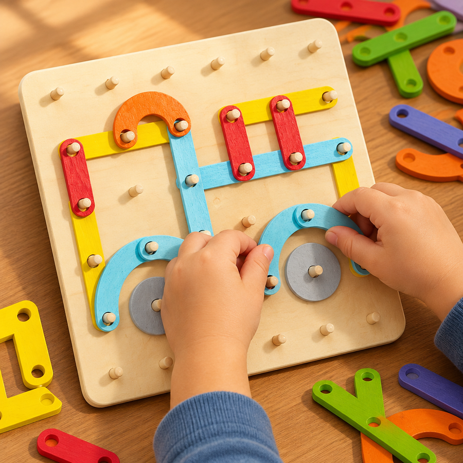 Child's hands pressing a piece onto the pegboard