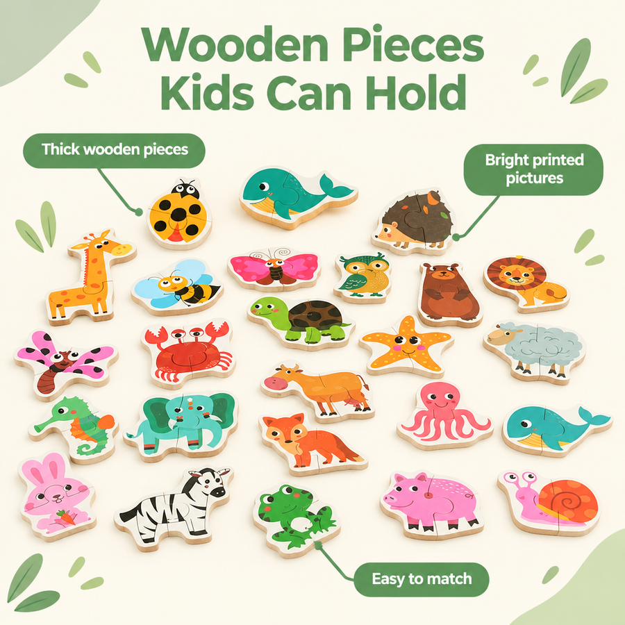 Thick wooden pieces with bright printed pictures