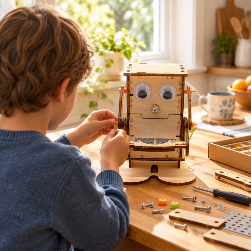 Child building the wooden robot kit