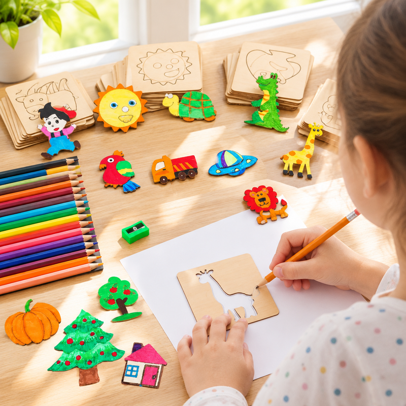 Child tracing a wooden stencil