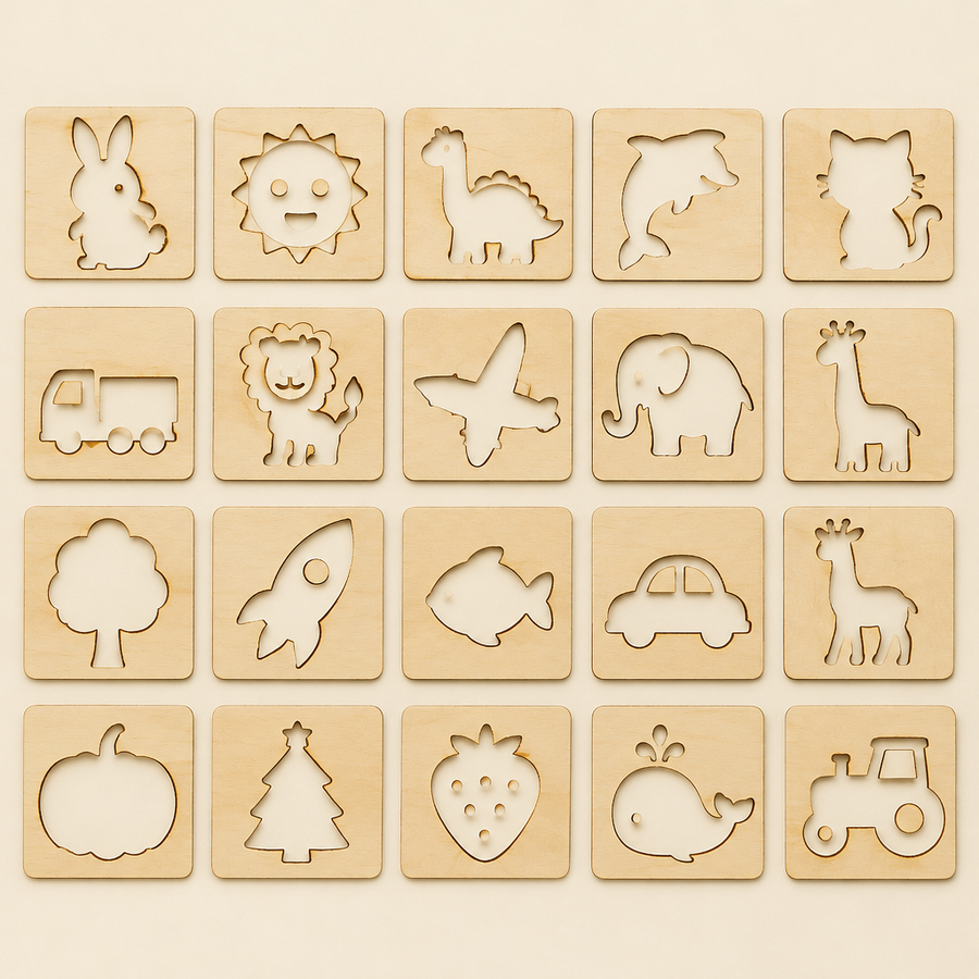 20 wooden stencils flat lay