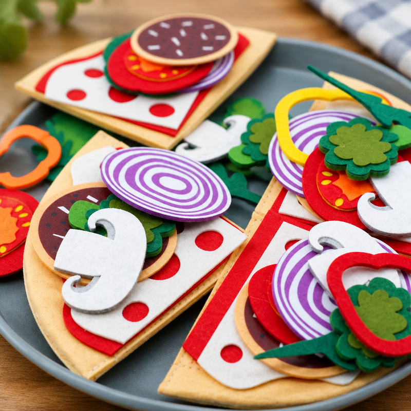 Felt pizza toppings close-up