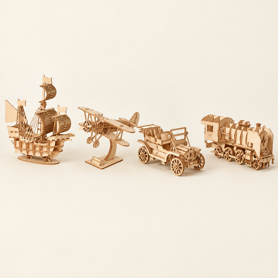 All four finished wooden models