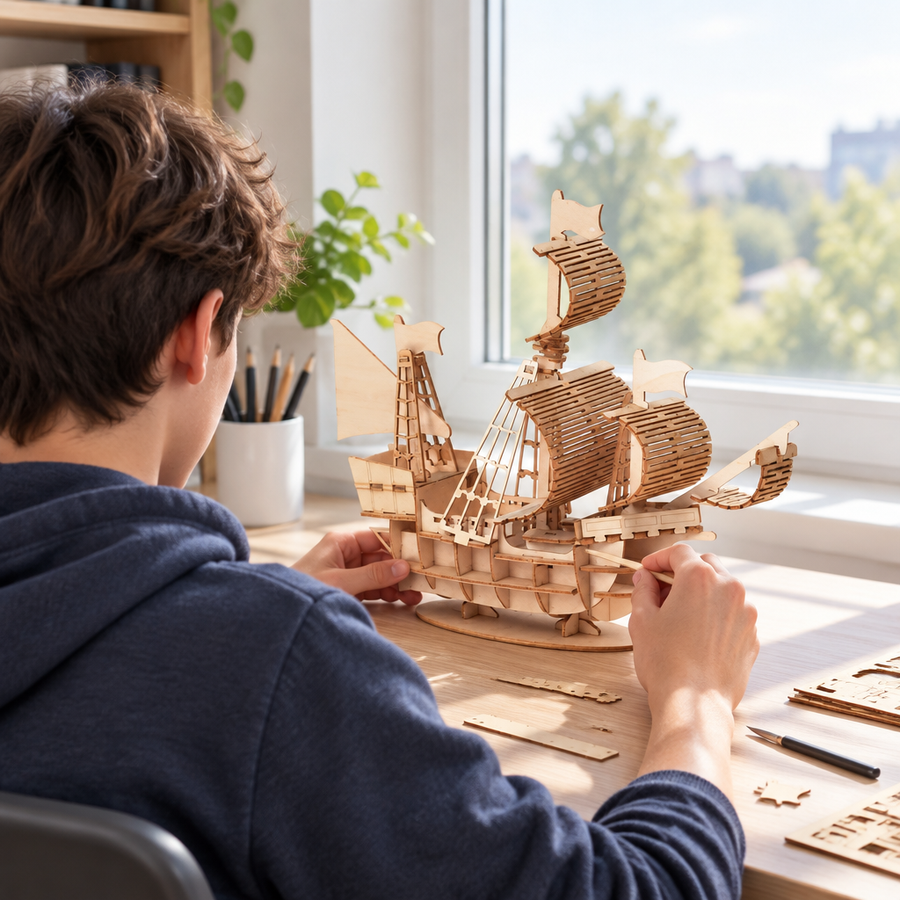 Teen building a wooden ship model