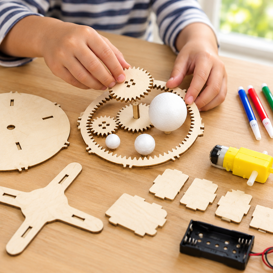 Hands assembling the wooden solar system pieces