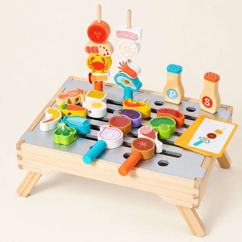 Wooden tabletop grill pretend play set