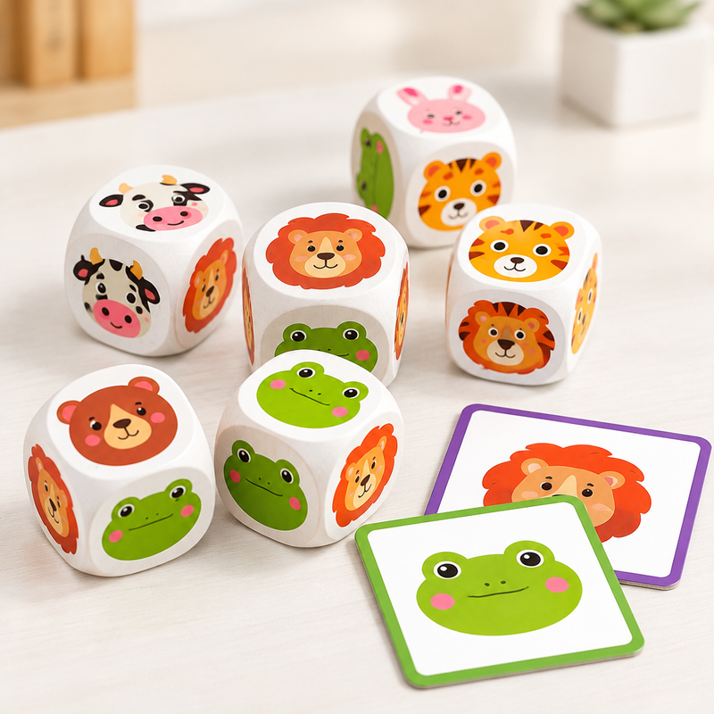Close-up of wooden animal dice