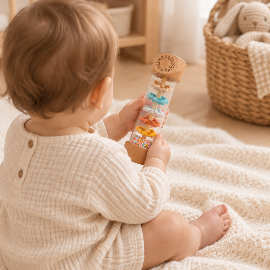 Baby holding the wooden rain stick rattle, seen from behind