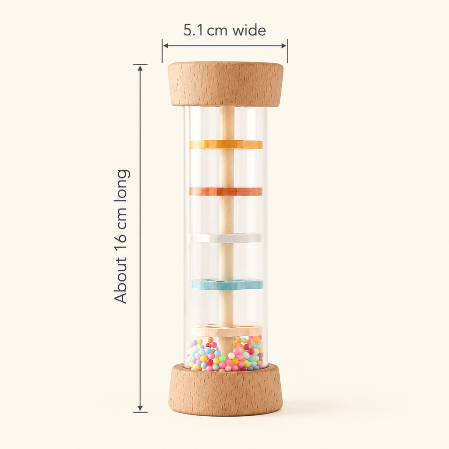 Rain stick rattle dimensions, about 16 cm long and 5.1 cm wide