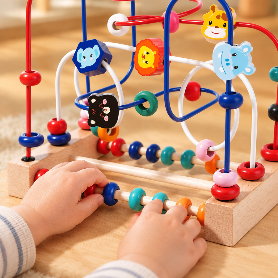 Toddler hands sliding beads on the abacus row