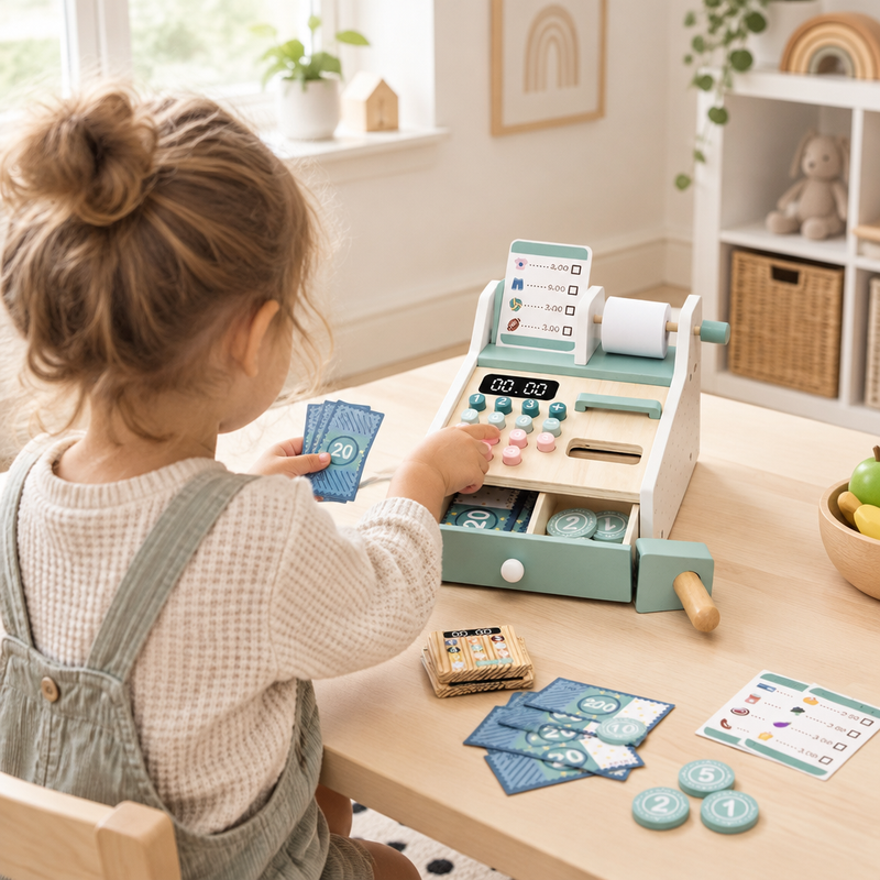 Child playing shop with the wooden cash register toy