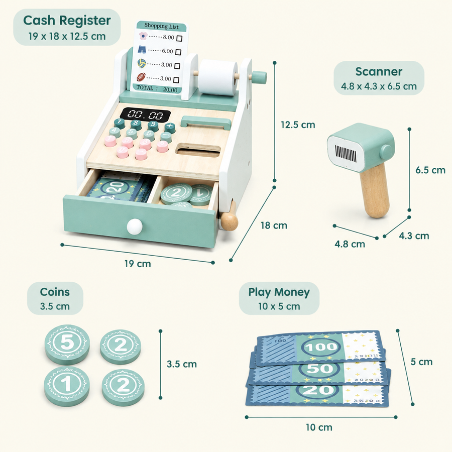 Wooden cash register toy dimensions