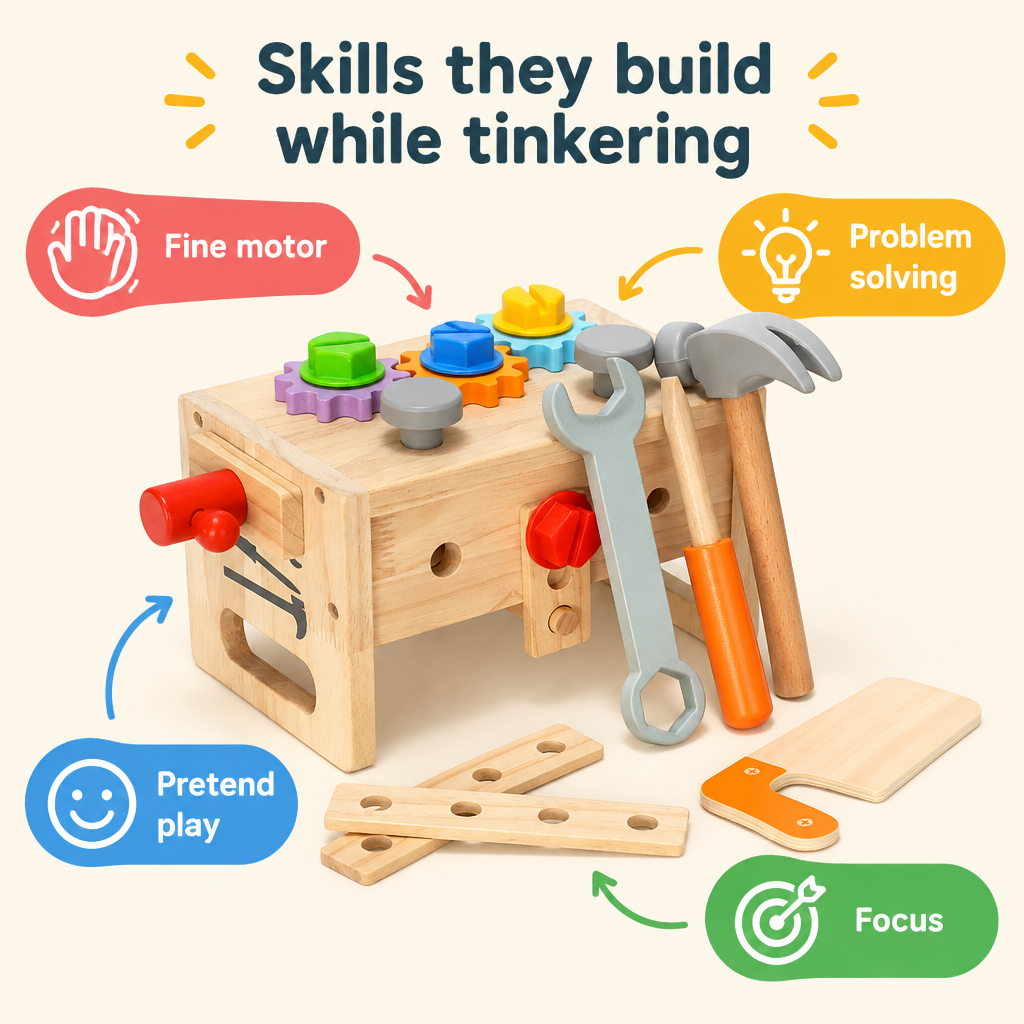 Skills children build with the wooden toolbox toy