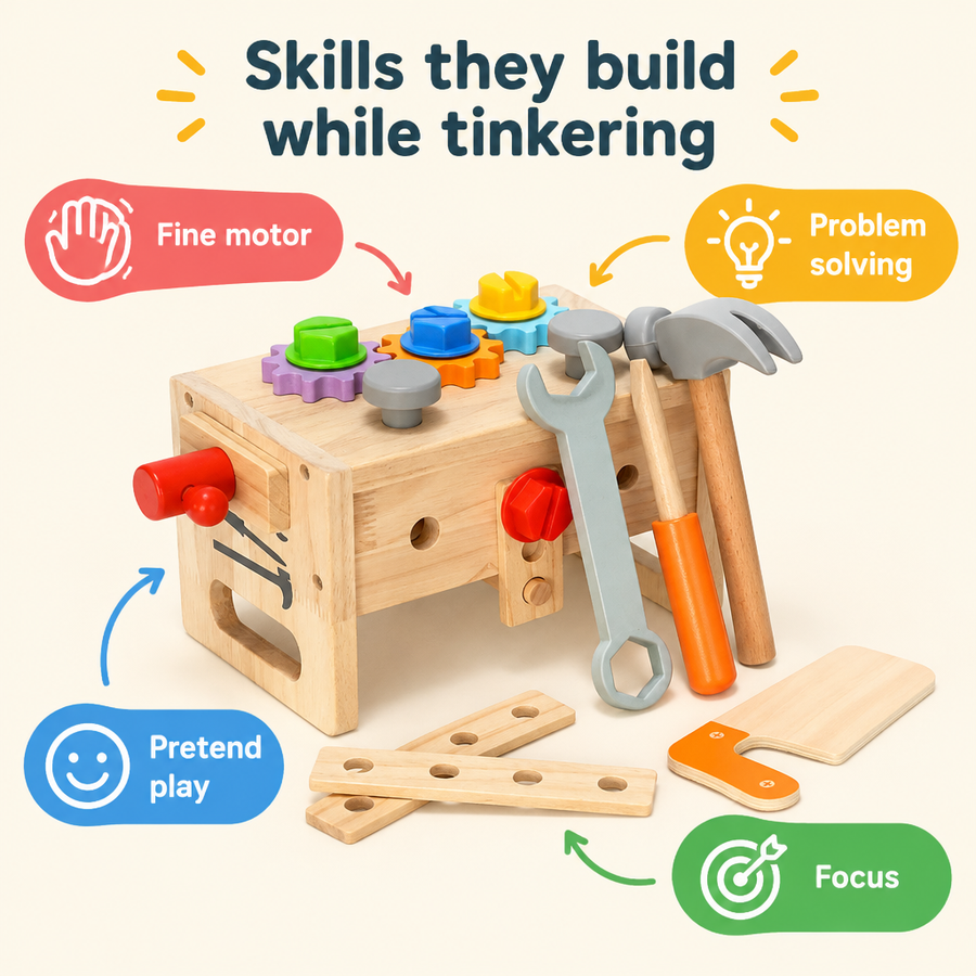 Skills children build with the wooden toolbox toy
