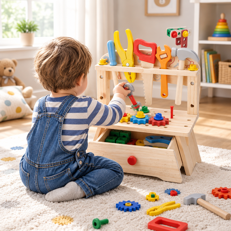 Child playing at the wooden workbench toy