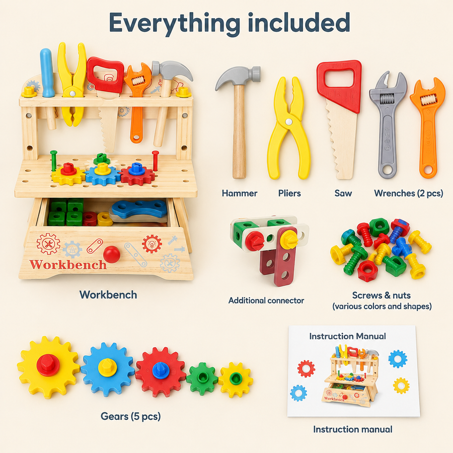 Everything included with the wooden workbench set
