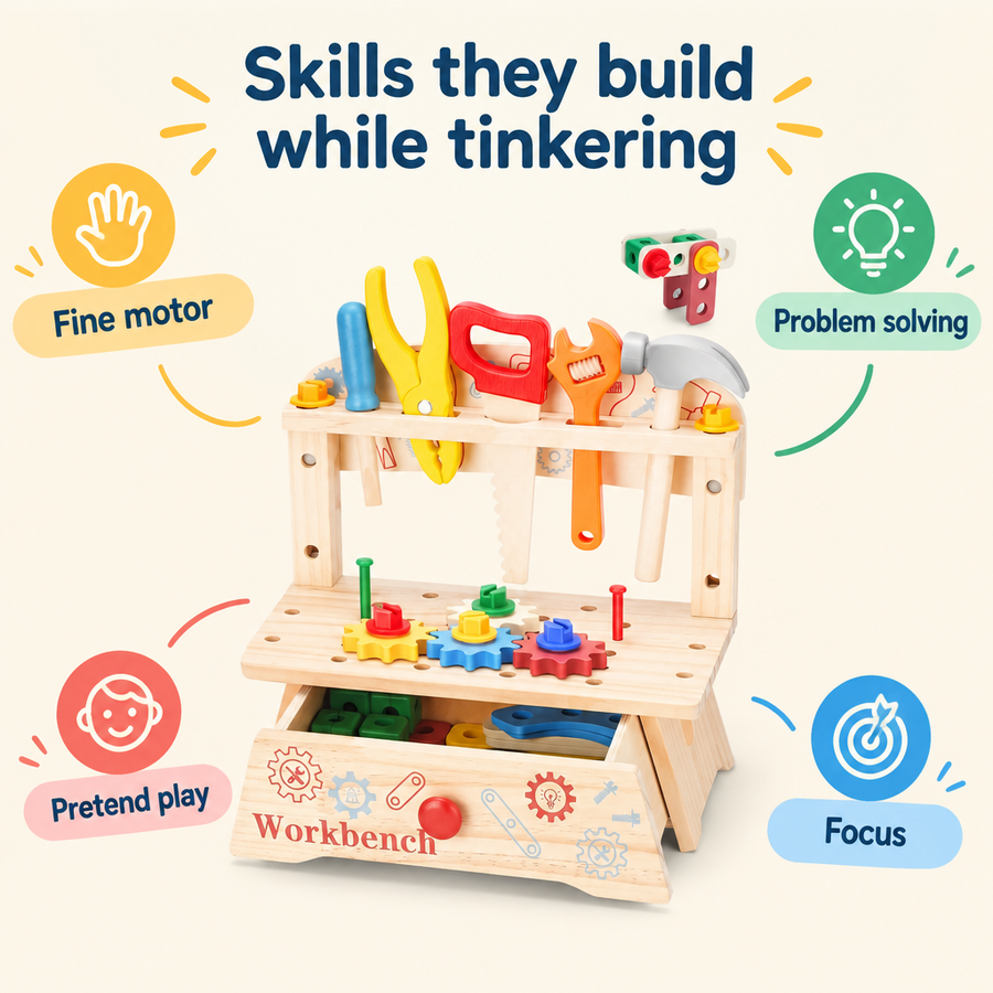 Skills children build with the wooden workbench toy