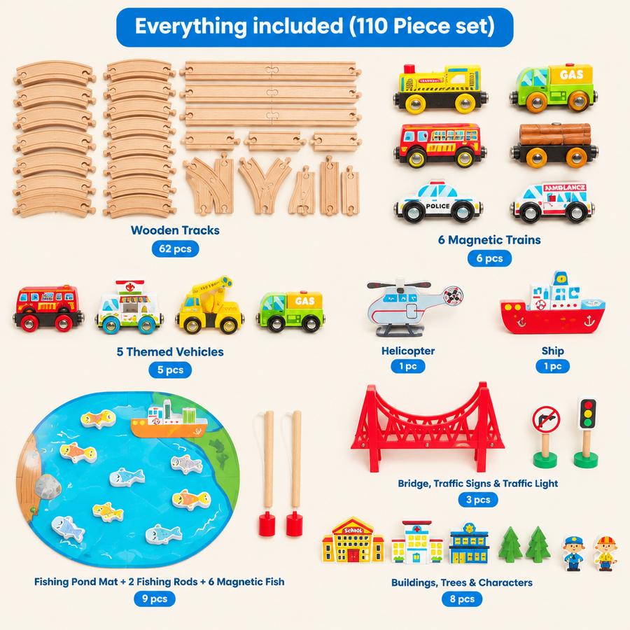 Everything included in the 110 piece wooden train set