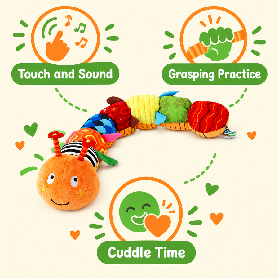 Skills built: touch and sound, grasping, cuddle time