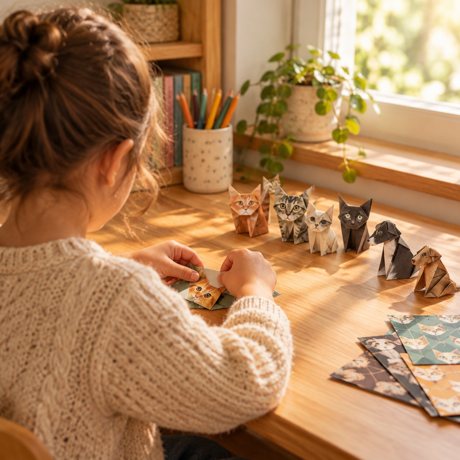 Child folding paper animals at a desk