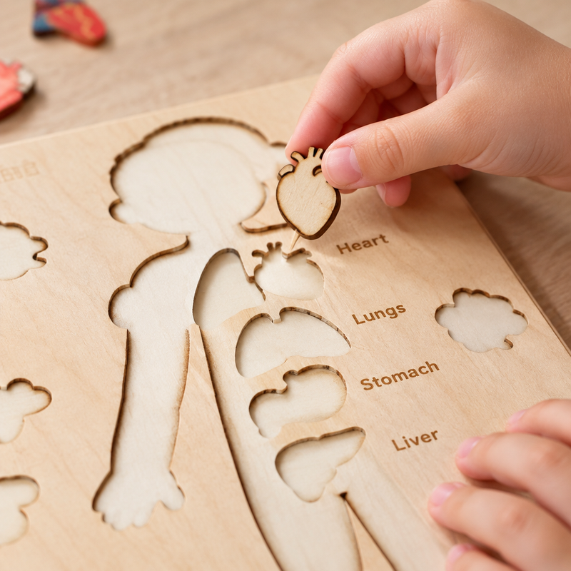 Hands lifting a wooden heart piece from the board