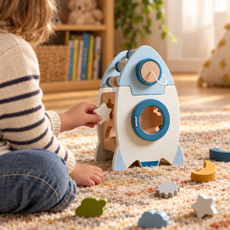 Child playing with the wooden rocket shape sorter