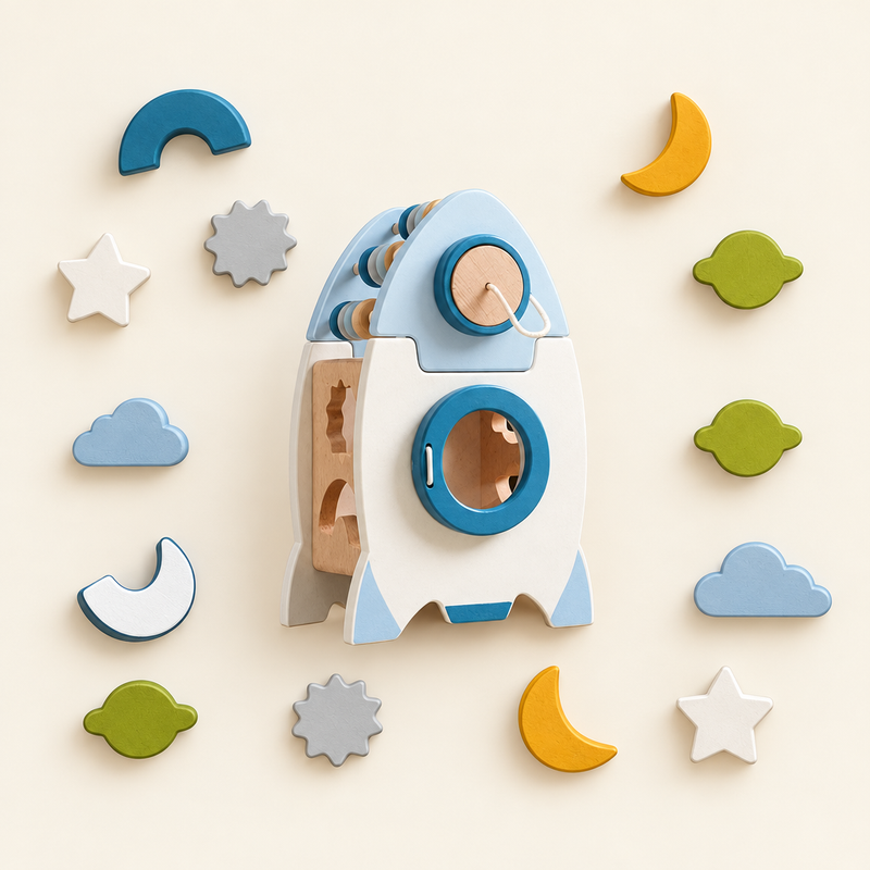 Wooden rocket with its space shape blocks, everything included