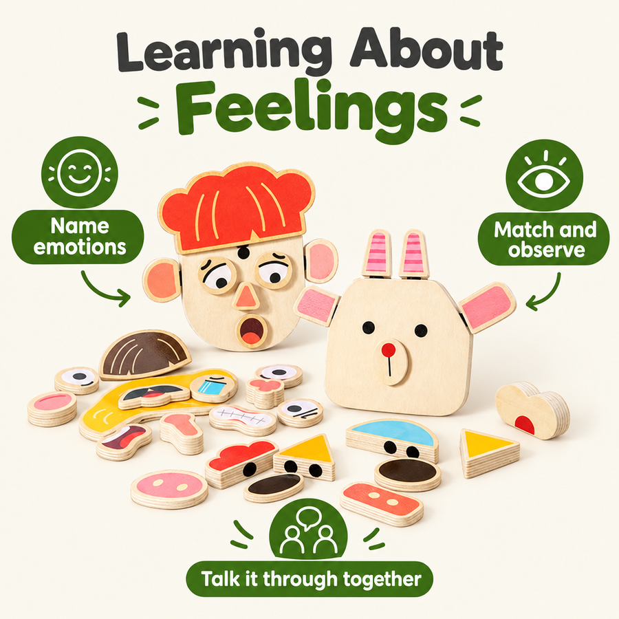 Wooden expression face blocks help kids learn about feelings