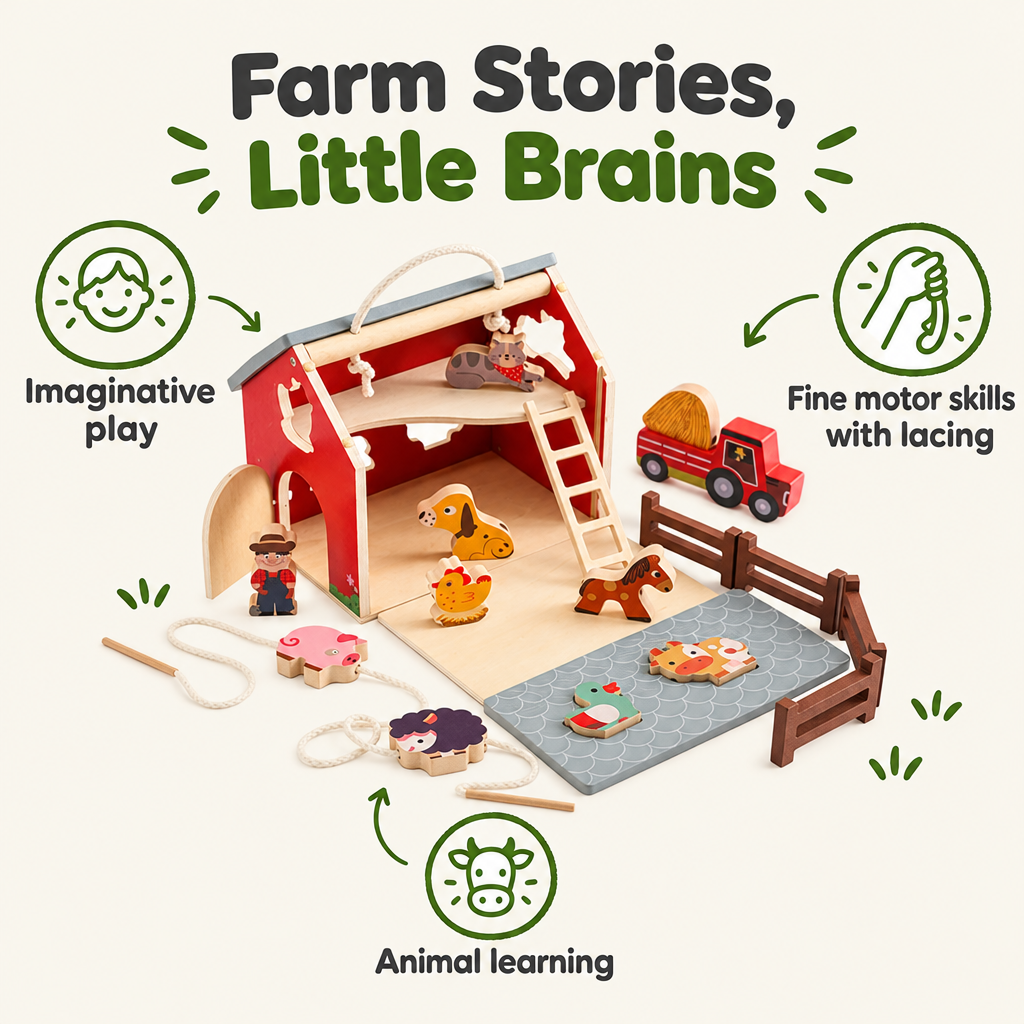 Wooden farm barn set builds imagination and fine motor skills