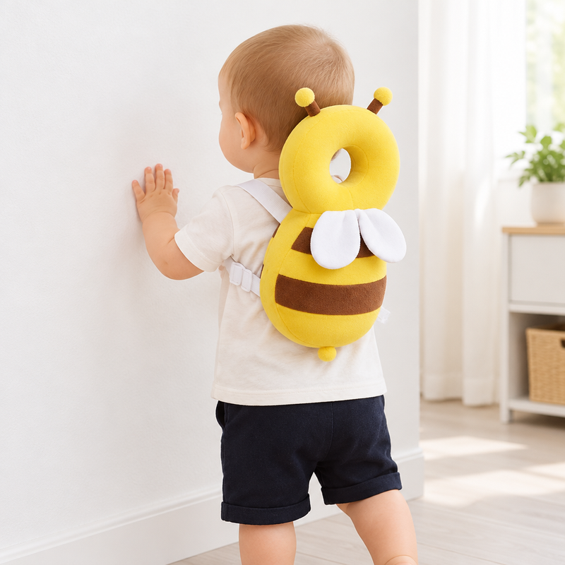 Toddler standing at a wall wearing the bee plush back cushion